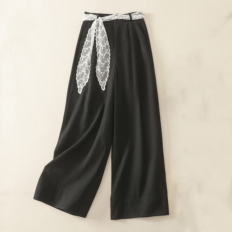 Daily Solid Color Lace Belt Women's Wide Leg Cotton Pants With Pockets