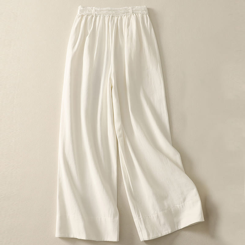 Daily Solid Color Lace Belt Women's Wide Leg Cotton Pants With Pockets
