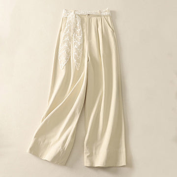 Daily Solid Color Lace Belt Women's Wide Leg Cotton Pants With Pockets
