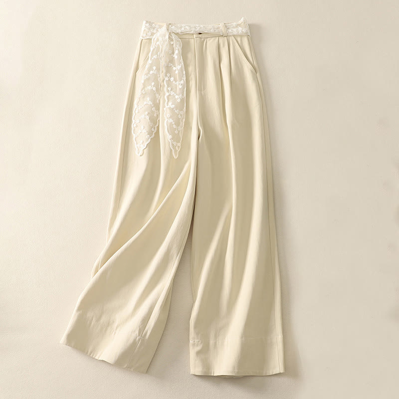 Daily Solid Color Lace Belt Women's Wide Leg Cotton Pants With Pockets
