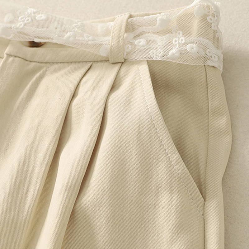 Daily Solid Color Lace Belt Women's Wide Leg Cotton Pants With Pockets