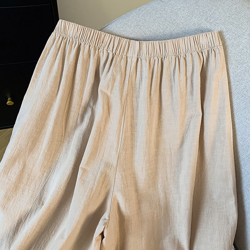 Embroidered Cotton Linen Wide-Leg Meditation Pants