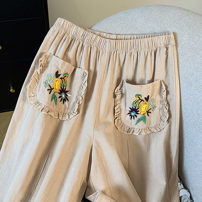 Embroidered Cotton Linen Wide-Leg Meditation Pants