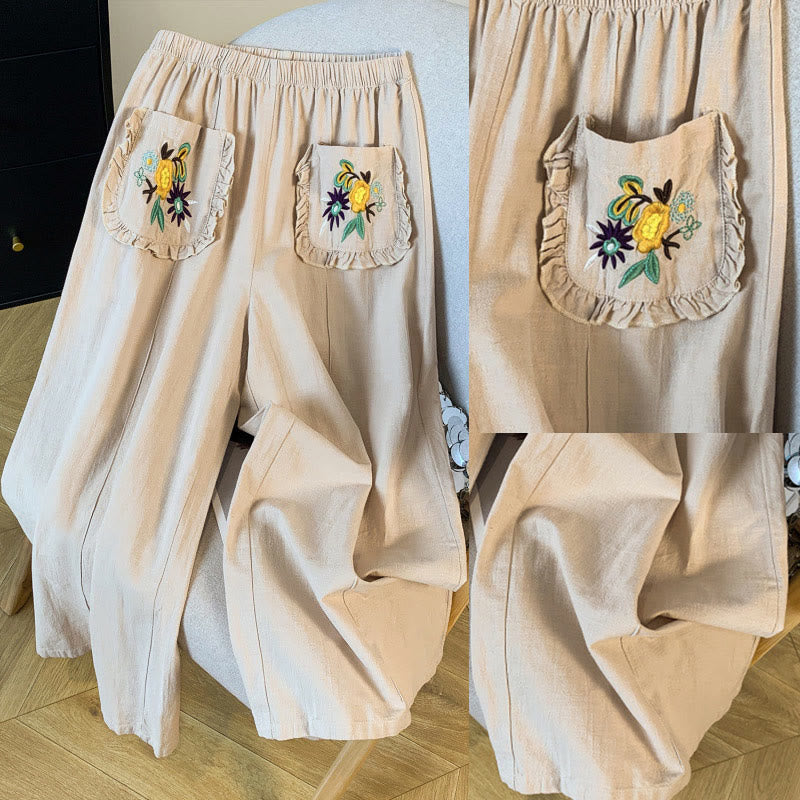 Embroidered Cotton Linen Wide-Leg Meditation Pants