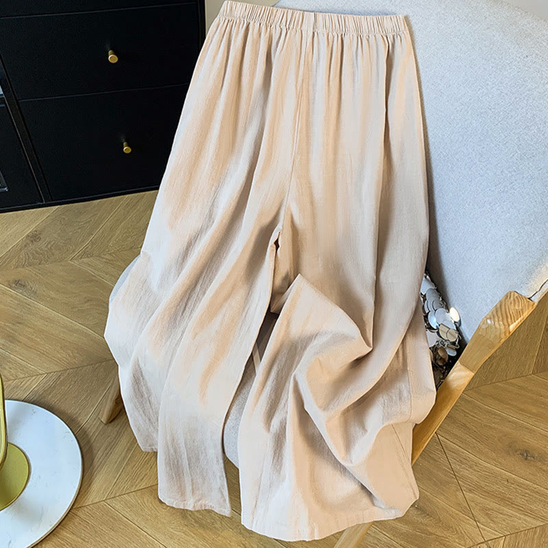 Casual Beige Embroidery Women's Wide Leg Cotton Linen Pants With Pockets