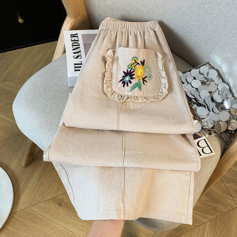 Embroidered Cotton Linen Wide-Leg Meditation Pants