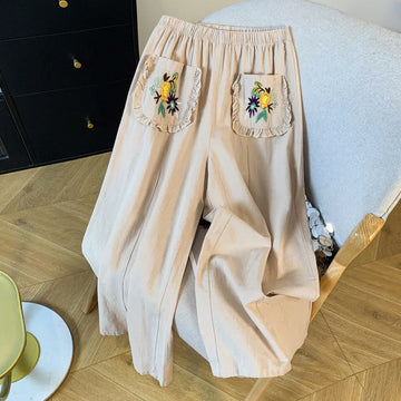 Embroidered Cotton Linen Wide-Leg Meditation Pants