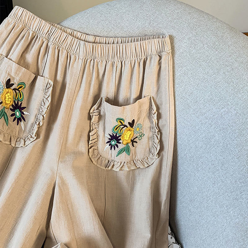 Embroidered Cotton Linen Wide-Leg Meditation Pants