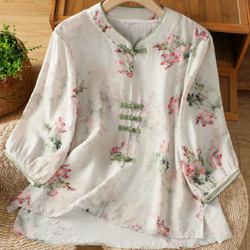 Lightweight Cotton-Blend Frog-Button Botanical Meditation Shirt