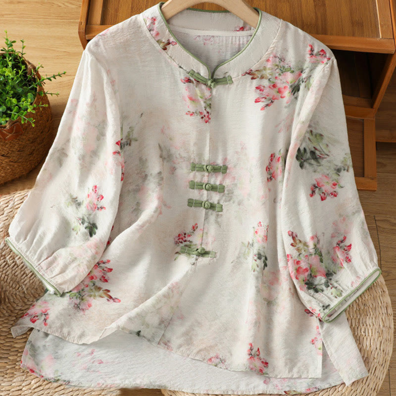 Lightweight Cotton-Blend Frog-Button Botanical Meditation Shirt