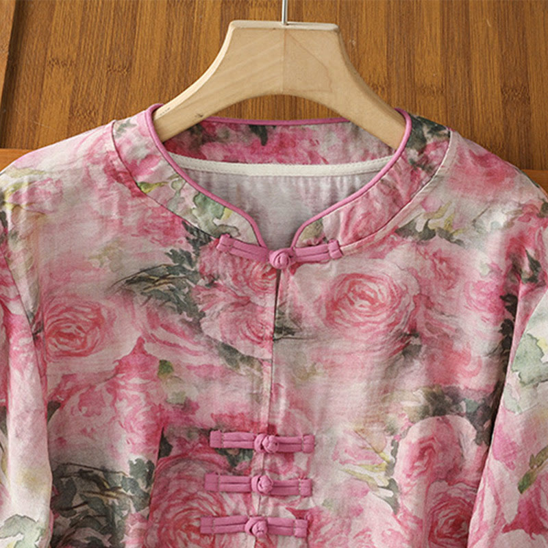 Lightweight Cotton-Blend Frog-Button Botanical Meditation Shirt