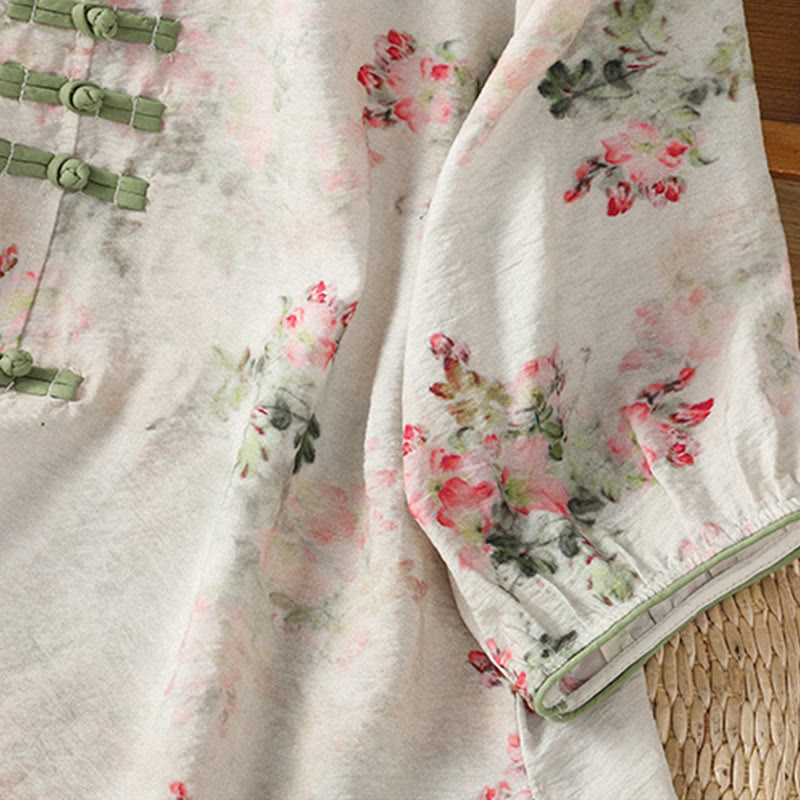 Lightweight Cotton-Blend Frog-Button Botanical Meditation Shirt