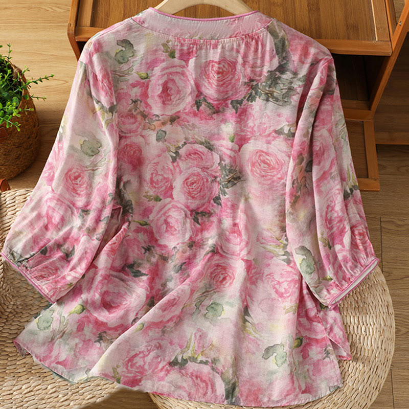 Lightweight Cotton-Blend Frog-Button Botanical Meditation Shirt