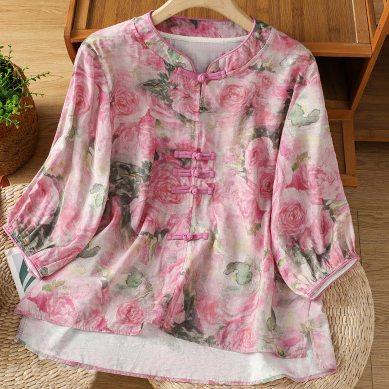 Lightweight Cotton-Blend Frog-Button Botanical Meditation Shirt