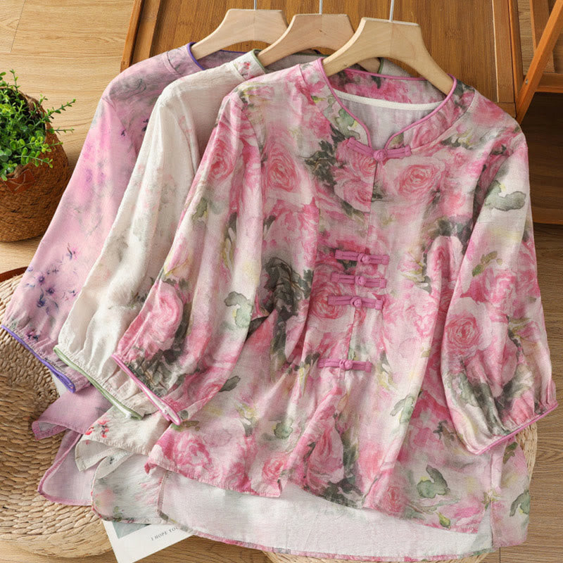 Lightweight Cotton-Blend Frog-Button Botanical Meditation Shirt