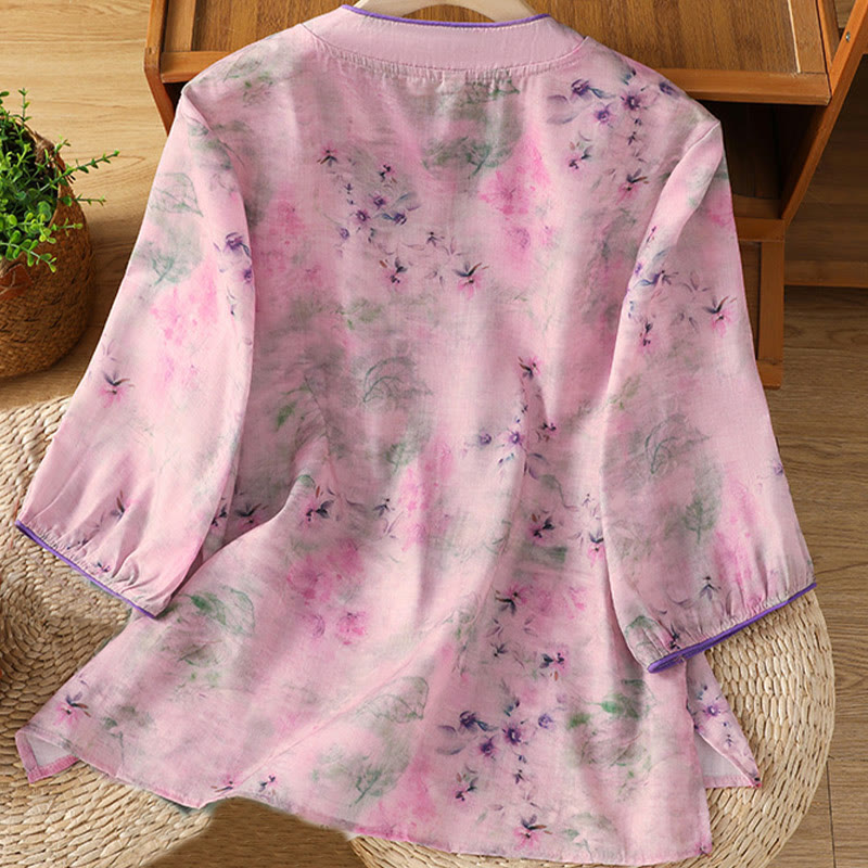 Lightweight Cotton-Blend Frog-Button Botanical Meditation Shirt