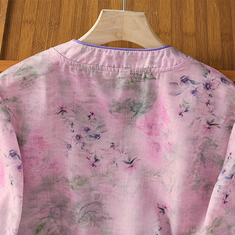 Lightweight Cotton-Blend Frog-Button Botanical Meditation Shirt