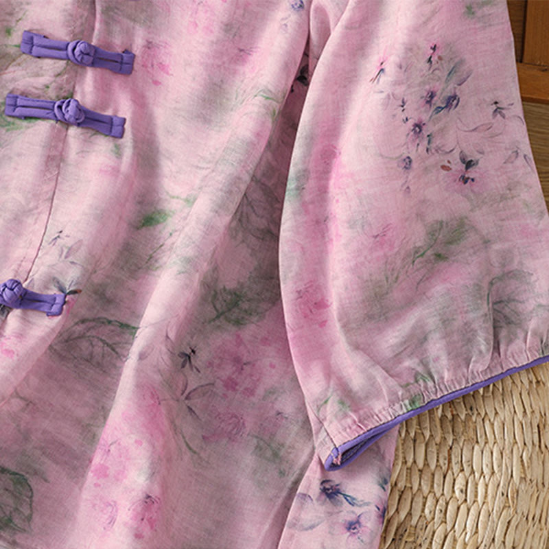 Lightweight Cotton-Blend Frog-Button Botanical Meditation Shirt
