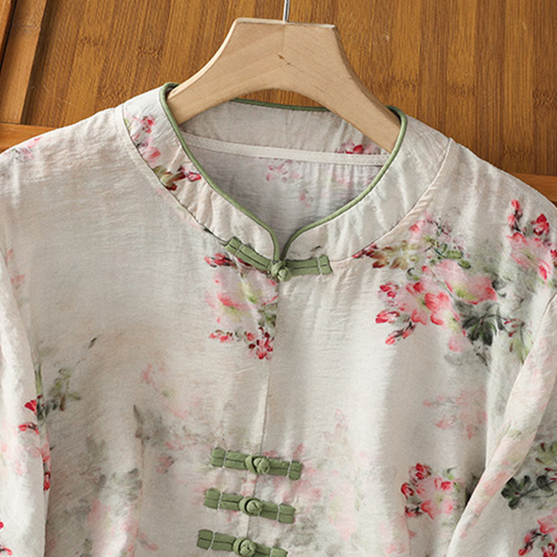 Lightweight Cotton-Blend Frog-Button Botanical Meditation Shirt