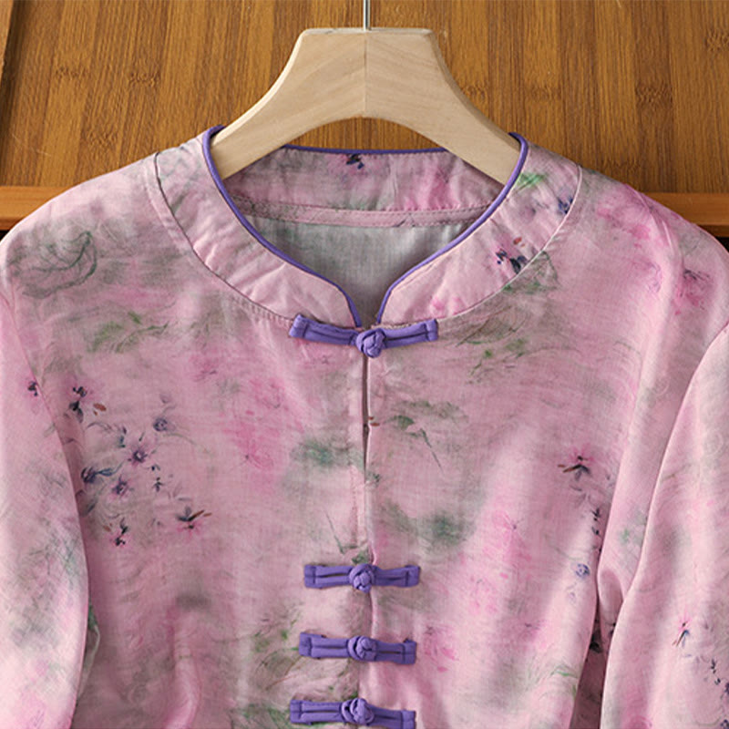 Lightweight Cotton-Blend Frog-Button Botanical Meditation Shirt