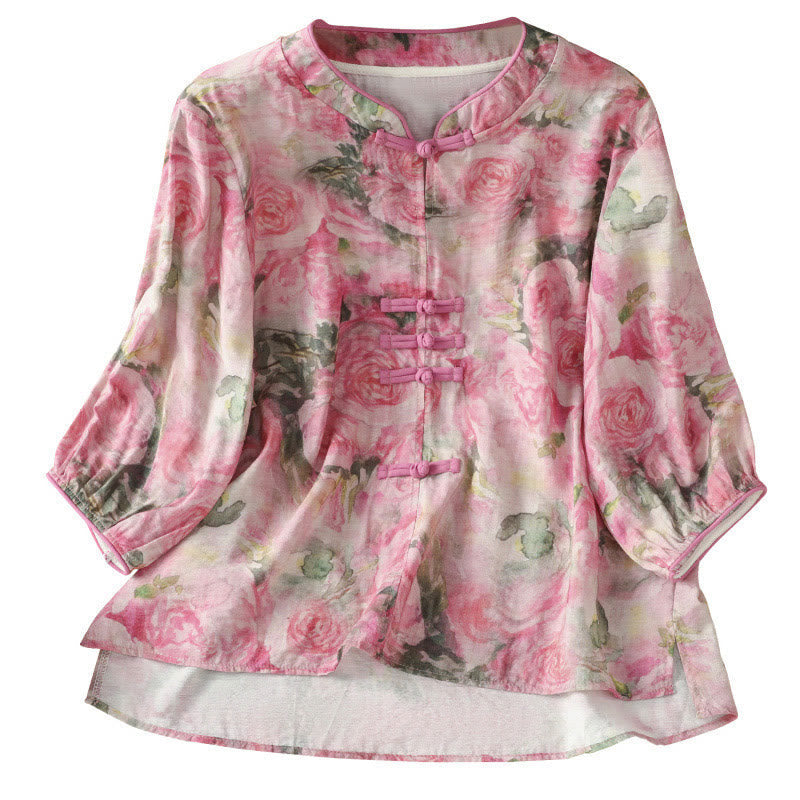 Lightweight Cotton-Blend Frog-Button Botanical Meditation Shirt