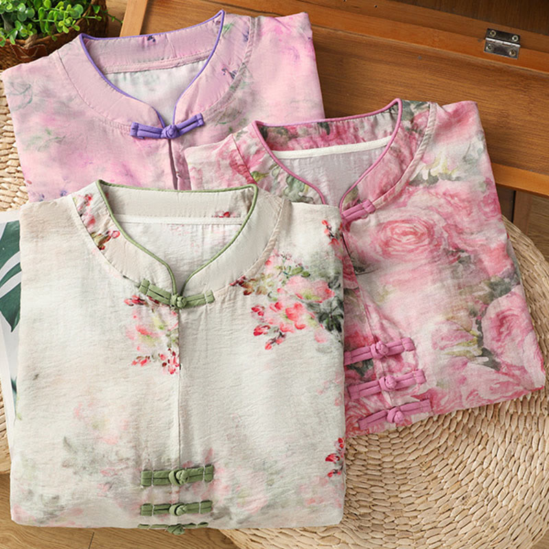Lightweight Cotton-Blend Frog-Button Botanical Meditation Shirt