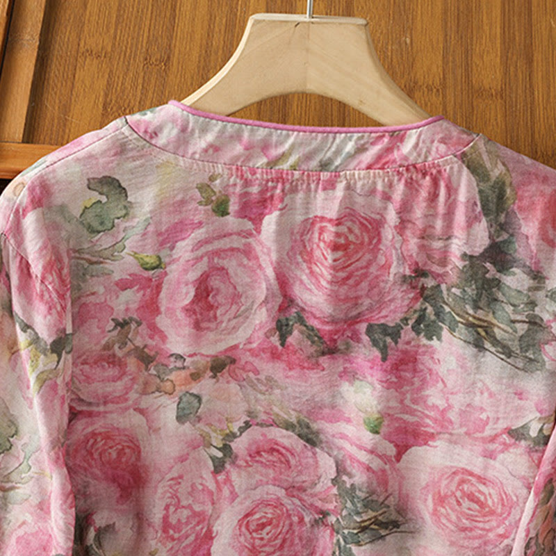 Lightweight Cotton-Blend Frog-Button Botanical Meditation Shirt