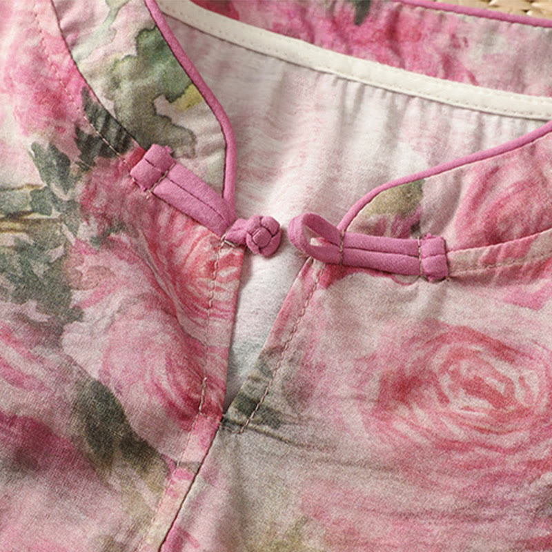 Lightweight Cotton-Blend Frog-Button Botanical Meditation Shirt