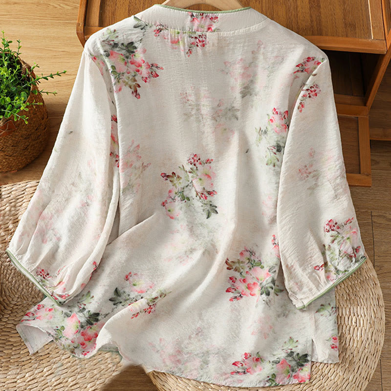 Lightweight Cotton-Blend Frog-Button Botanical Meditation Shirt