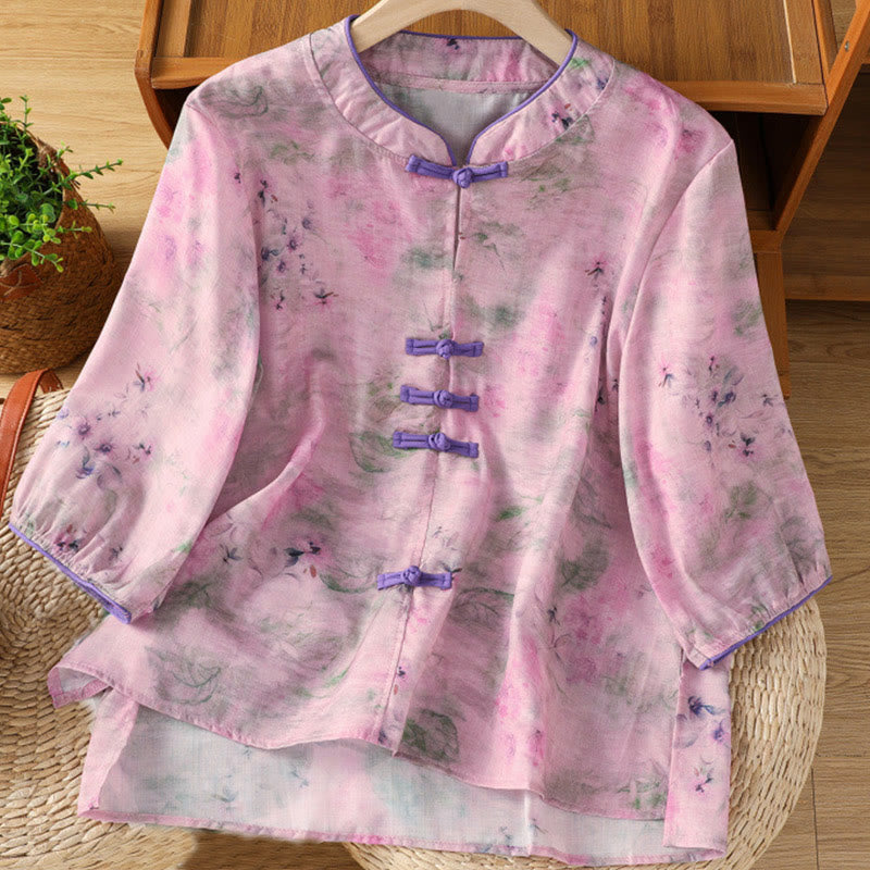 Lightweight Cotton-Blend Frog-Button Botanical Meditation Shirt