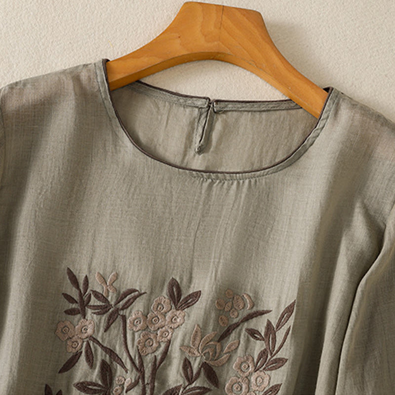 Tactile Cotton Embroidered Three-Quarter Sleeve Meditation T-Shirt