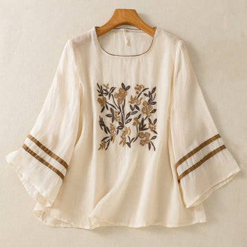 Tactile Cotton Embroidered Three-Quarter Sleeve Meditation T-Shirt