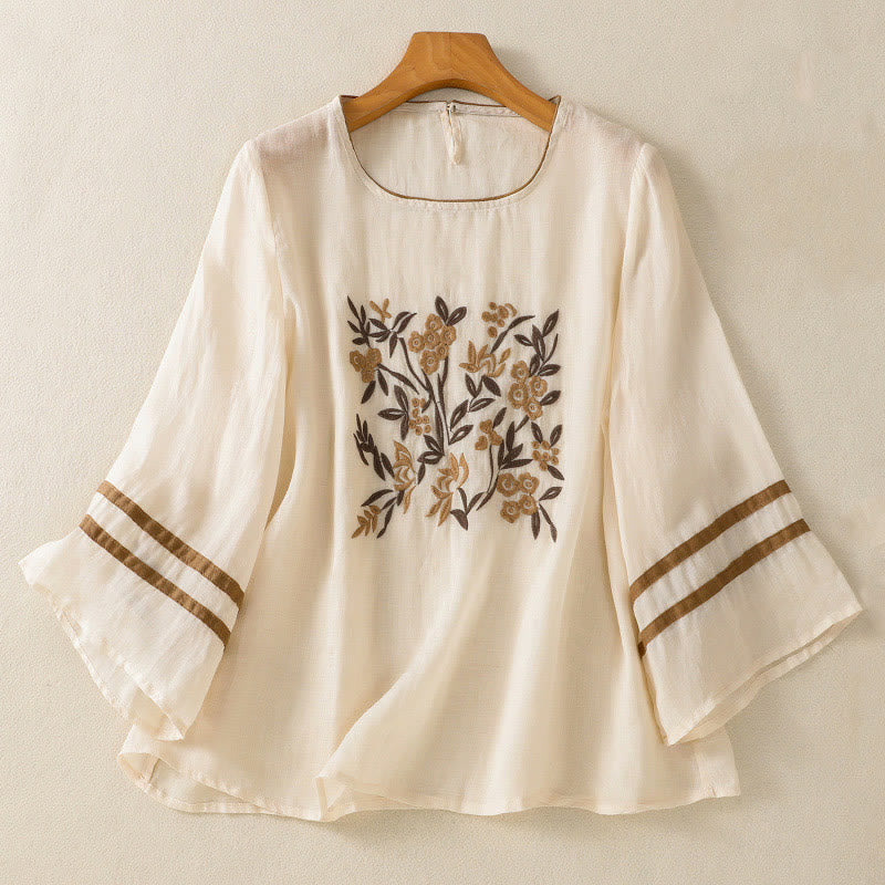 Tactile Cotton Embroidered Three-Quarter Sleeve Meditation T-Shirt