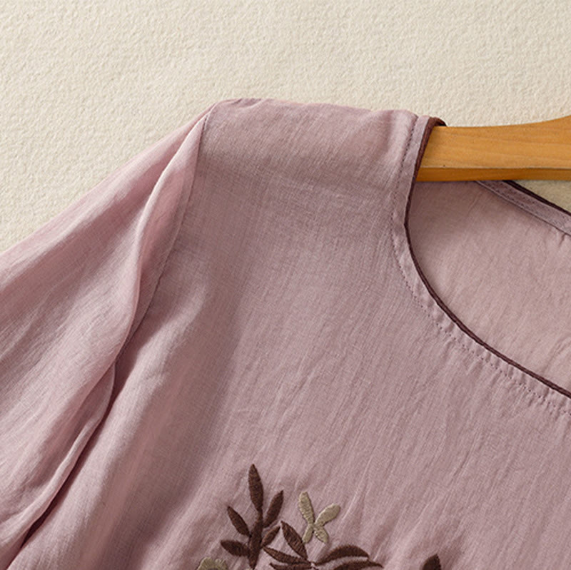 Tactile Cotton Embroidered Three-Quarter Sleeve Meditation T-Shirt