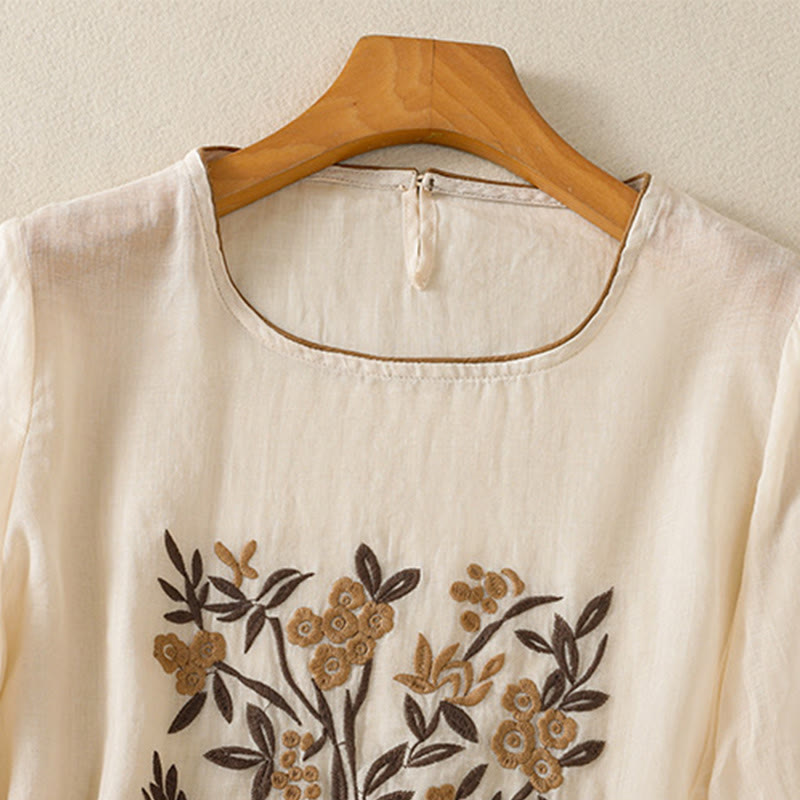 Tactile Cotton Embroidered Three-Quarter Sleeve Meditation T-Shirt