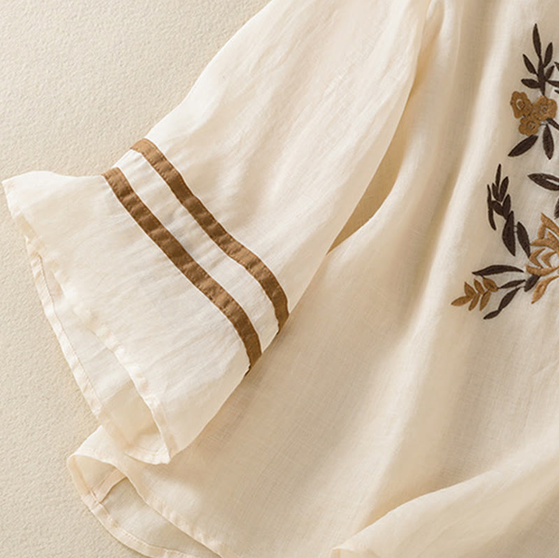 Tactile Cotton Embroidered Three-Quarter Sleeve Meditation T-Shirt