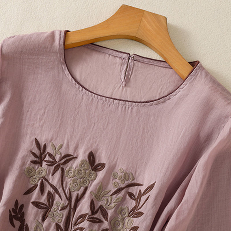Tactile Cotton Embroidered Three-Quarter Sleeve Meditation T-Shirt