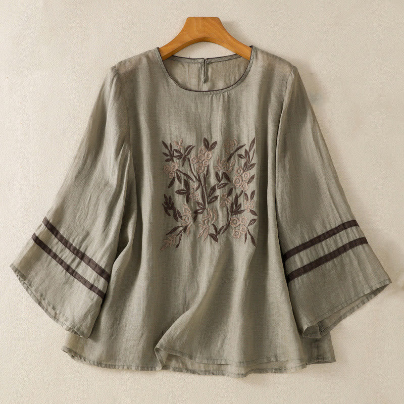 Tactile Cotton Embroidered Three-Quarter Sleeve Meditation T-Shirt