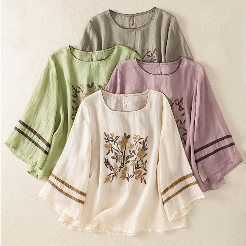 Tactile Cotton Embroidered Three-Quarter Sleeve Meditation T-Shirt