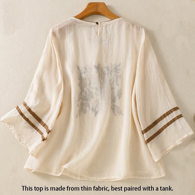Tactile Cotton Embroidered Three-Quarter Sleeve Meditation T-Shirt