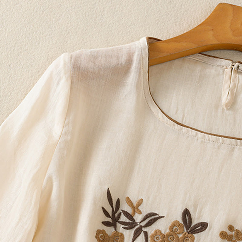 Tactile Cotton Embroidered Three-Quarter Sleeve Meditation T-Shirt