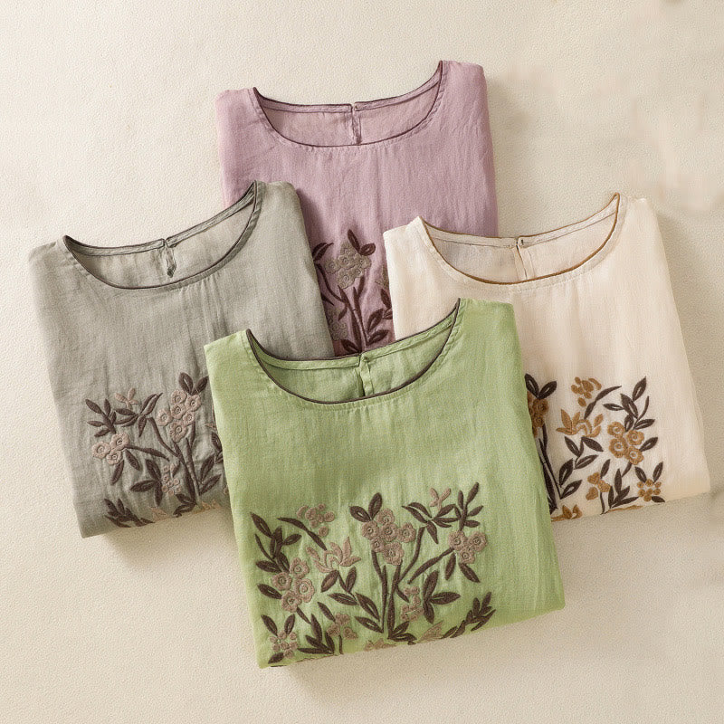 Tactile Cotton Embroidered Three-Quarter Sleeve Meditation T-Shirt
