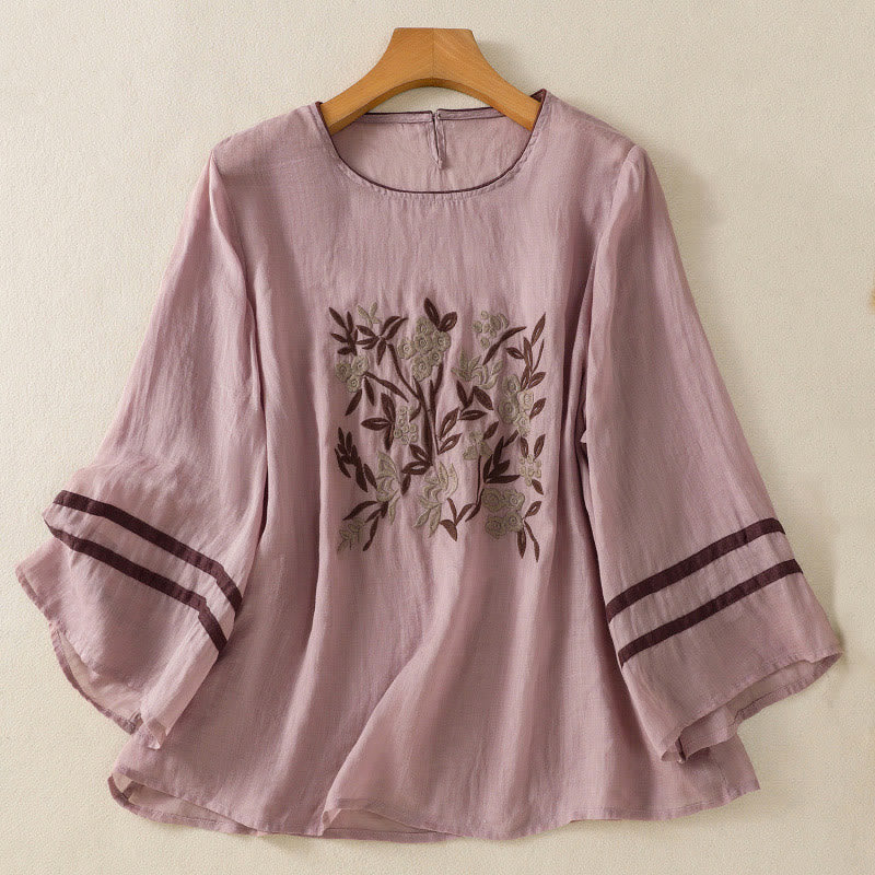Tactile Cotton Embroidered Three-Quarter Sleeve Meditation T-Shirt