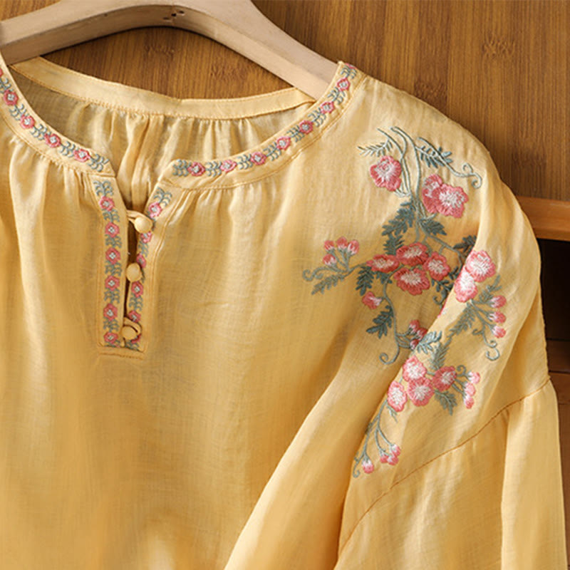 Embroidered Cotton Notched Neck Mindful Meditation Shirt