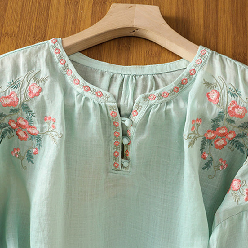 Embroidered Cotton Notched Neck Mindful Meditation Shirt