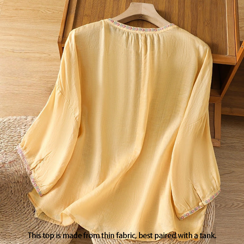 Embroidered Cotton Notched Neck Mindful Meditation Shirt