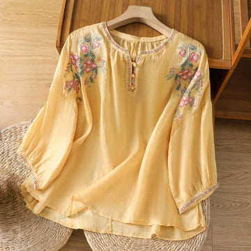 Embroidered Cotton Notched Neck Mindful Meditation Shirt
