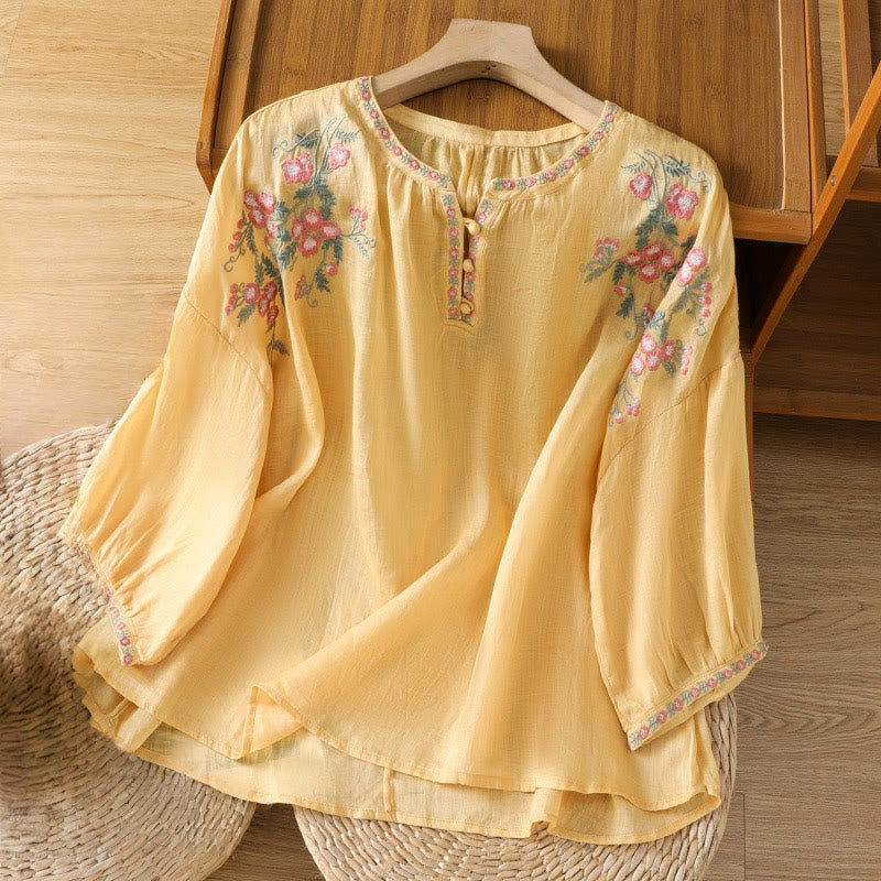 Embroidered Cotton Notched Neck Mindful Meditation Shirt