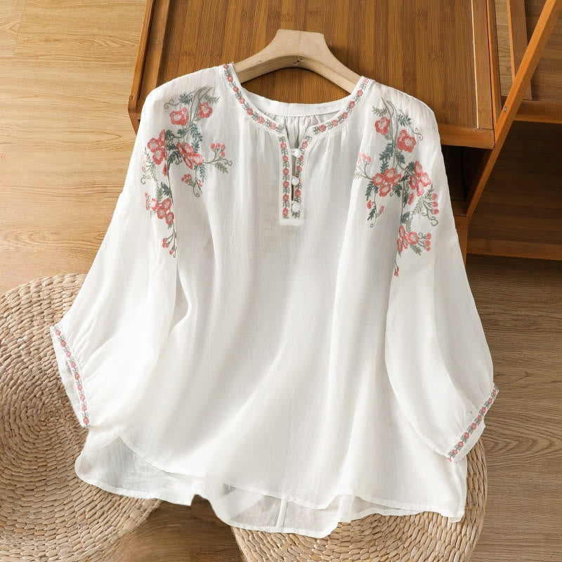 Embroidered Cotton Notched Neck Mindful Meditation Shirt