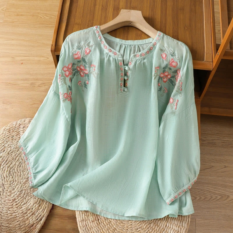 Embroidered Cotton Notched Neck Mindful Meditation Shirt